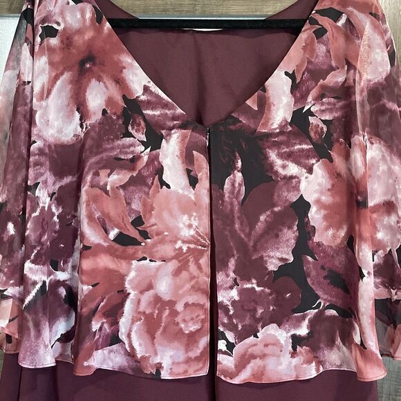 connected apparel Dresses & Skirts - CONNECTED APPAREL Womens Burgundy Flora Cape Below The Knee Shift Dress Plus 20W